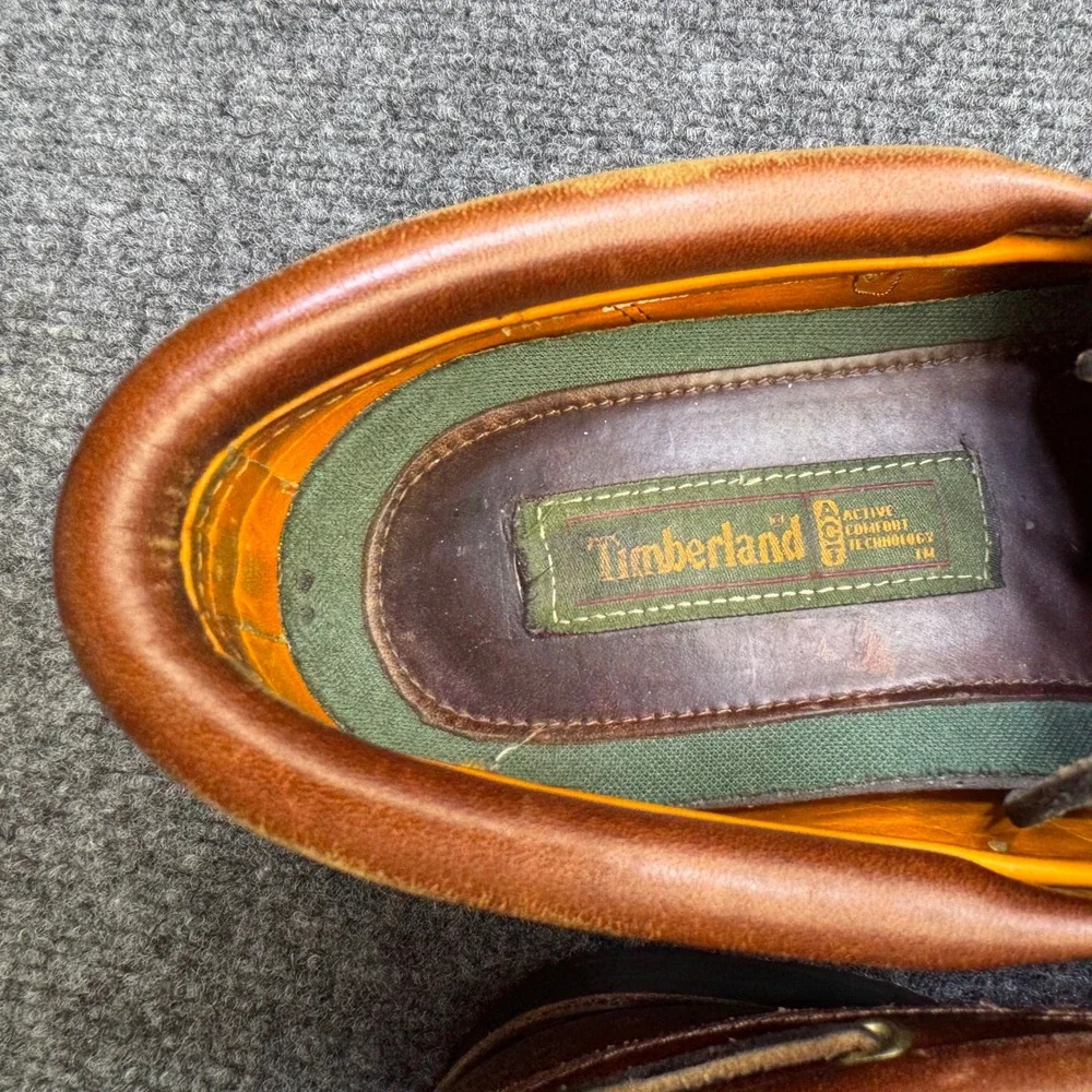 Vintage Timberland 3 Eye Lug Boat Shoes Mens 11 M Brown Leather Moc Toe 32015